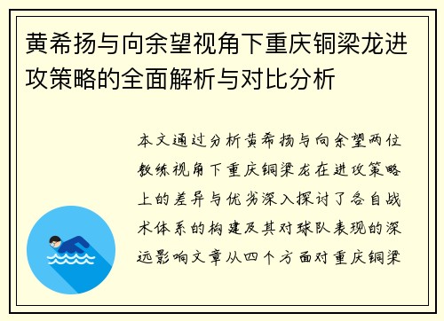 黄希扬与向余望视角下重庆铜梁龙进攻策略的全面解析与对比分析