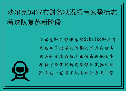 沙尔克04宣布财务状况扭亏为盈标志着球队复苏新阶段