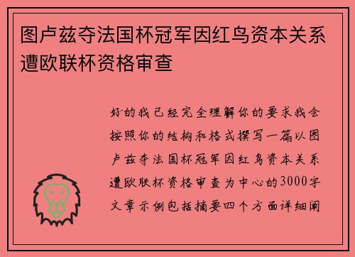 图卢兹夺法国杯冠军因红鸟资本关系遭欧联杯资格审查